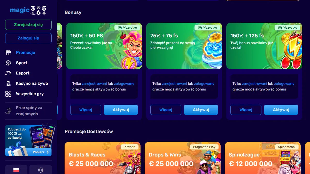 Karty bonusu powitalnego Magic365 Casino na trzy wpłaty