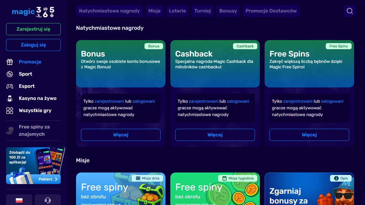 Zakładka promocji Magic365 z nagrodami natychmiastowymi i misjami z darmowymi spinami bez obrotu