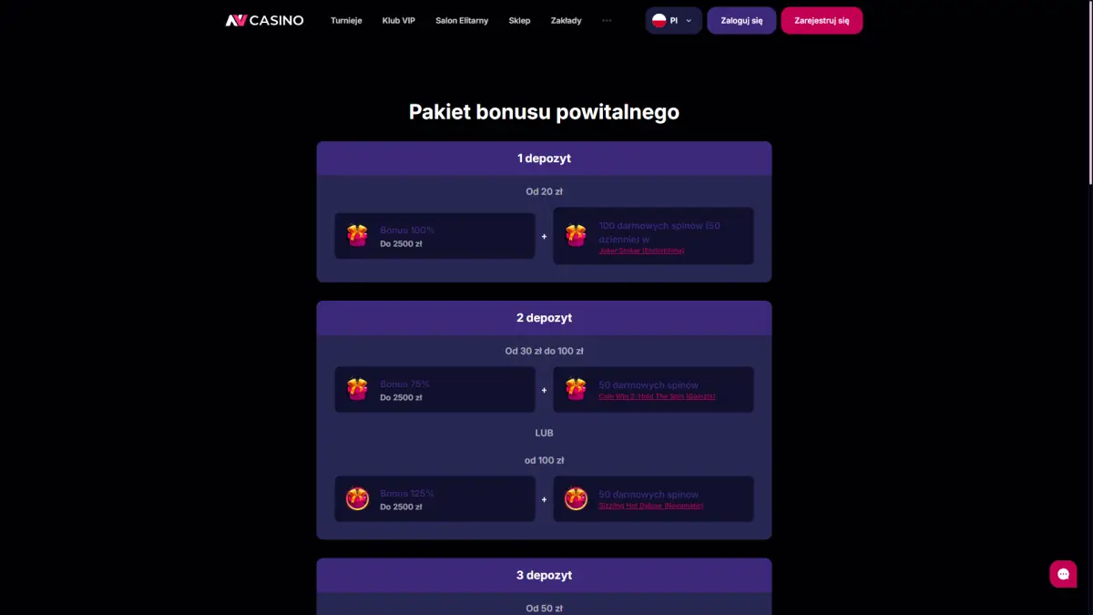 Pakiet bonusu powitalnego NV Casino na trzy depozyty