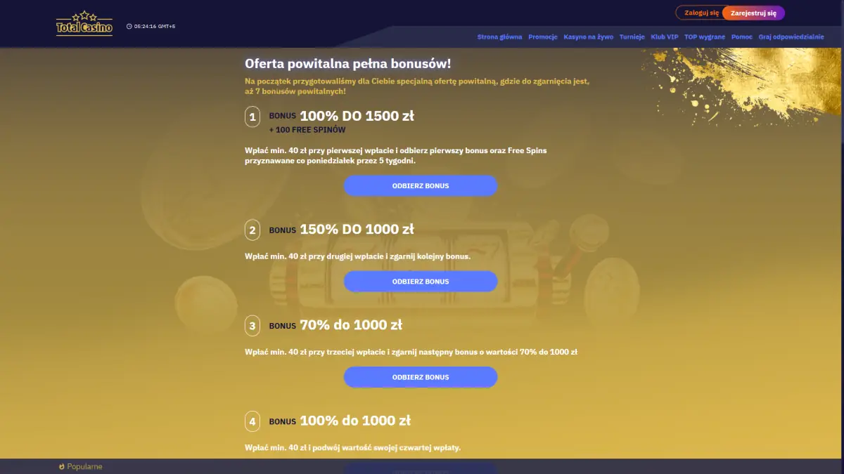 Oferta powitalna Total Casino na pięć wpłat