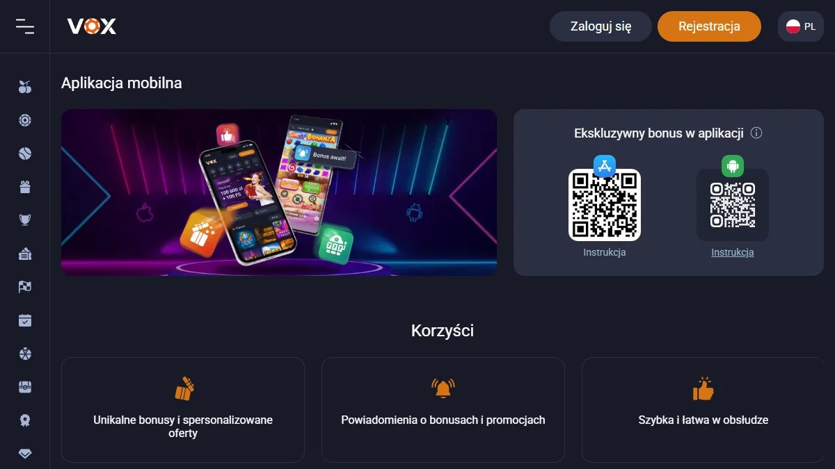 Strona aplikacji mobilnej VOX Casino z kodami QR dla iOS i Androida