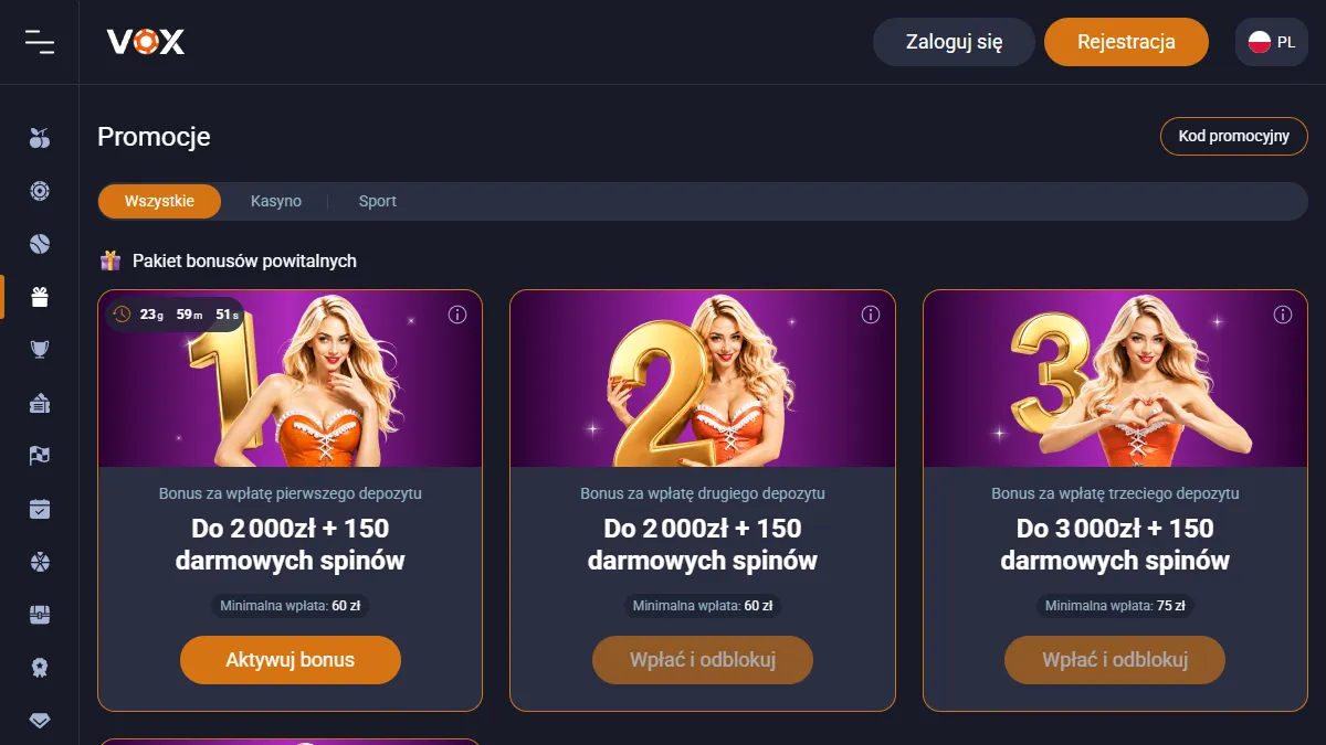Pakiet powitalny VOX Casino do 10 000 zł i 600 darmowych spinów