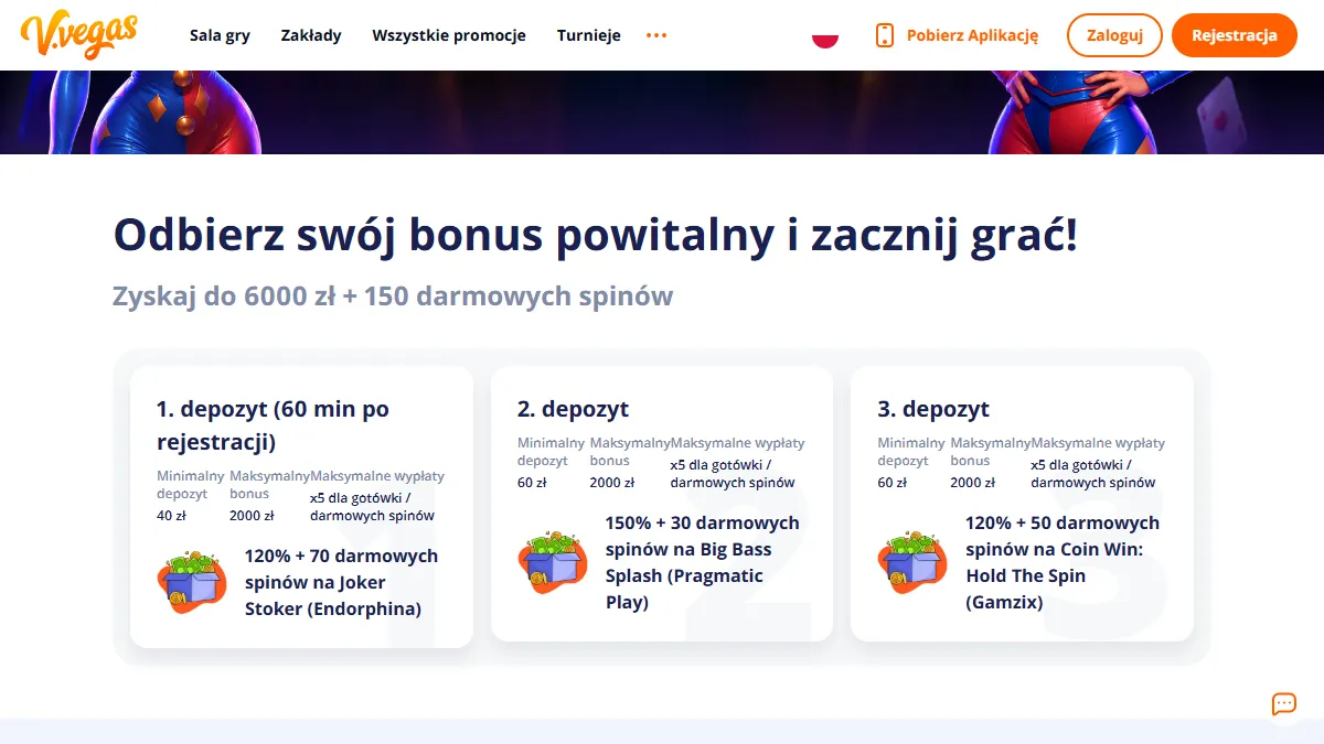 Pakiet powitalny Vulkan Vegas do 6000 zł i 150 darmowych spinów