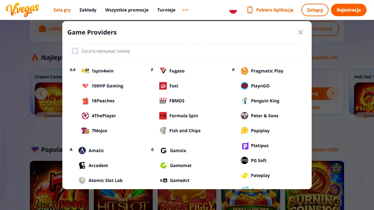 Lobby Vulkan Vegas z filtrem dostawców gier i listą studiów